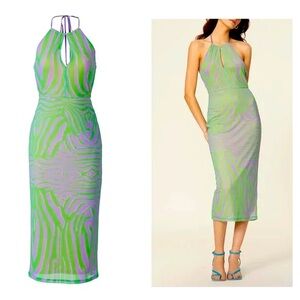 AFRM NWOT Green & Purple Y2K style Halter Sheath stretchy mesh Midi Dress, XS
